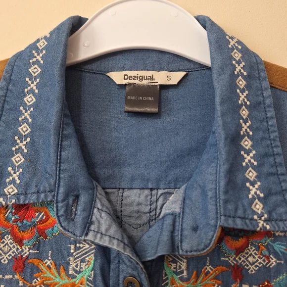 Desigual Lizzy Embroidered Faux Suede Chambray Denim Yoke Shirt Dress S Western - Picture 3 of 10